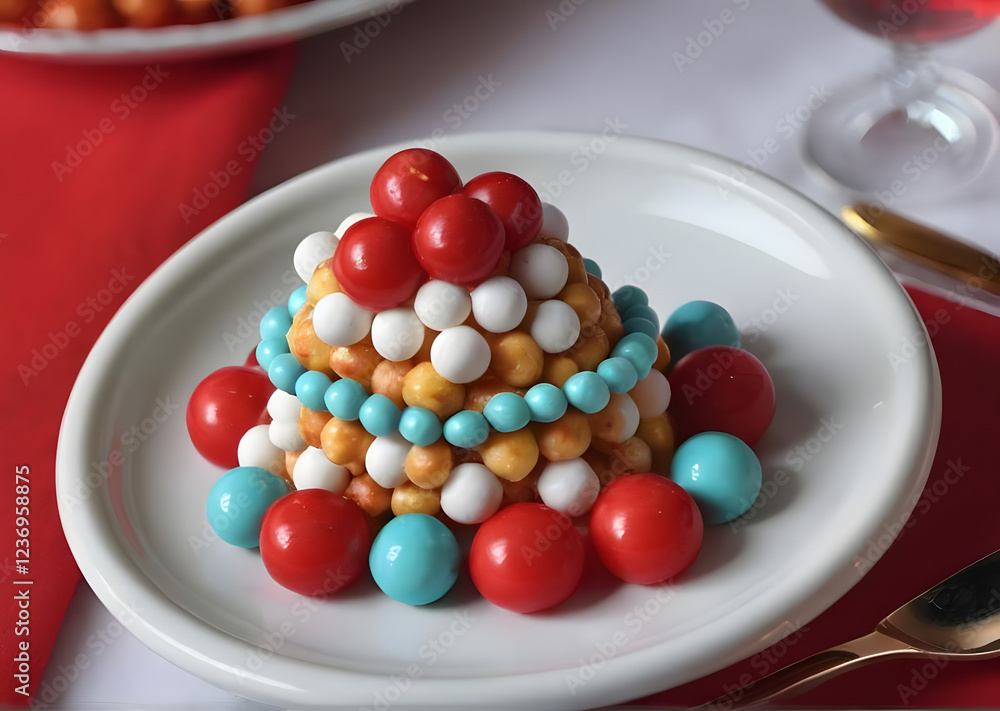 Colorful Struffoli balls in a festive arrangement, featuring red, white, and blue candies, ideal for holiday treats and celebrations Colorful Struffoli balls in a festive arrangement, featuring red, white, and blue candies, ideal for holiday treats and celebrations