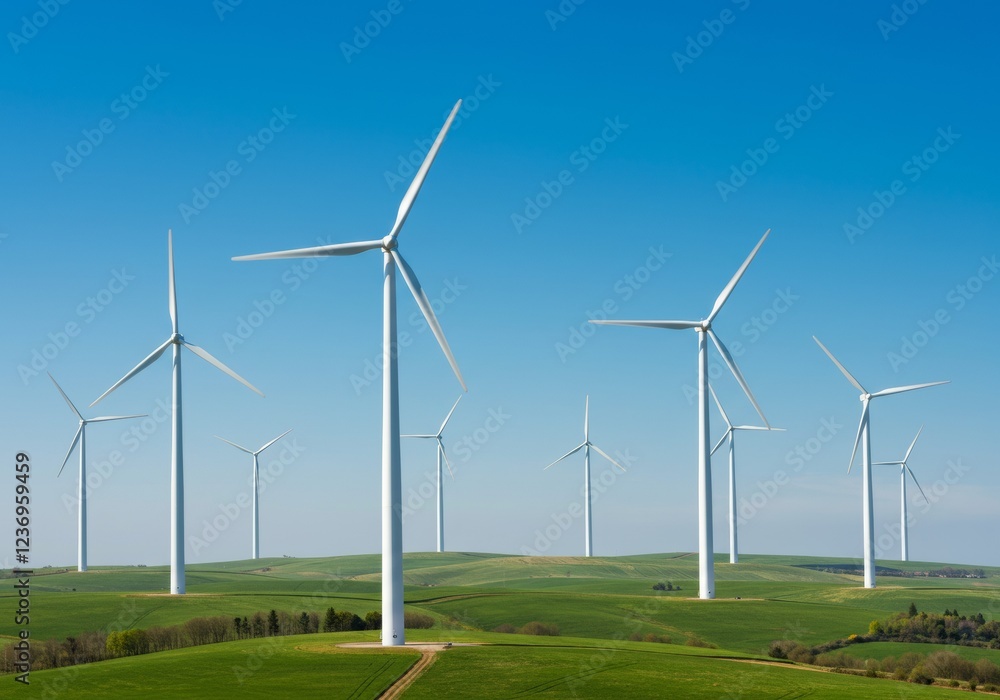White wind turbines on a green hill under a clear blue sky White wind turbines on a green hill under a clear blue sky