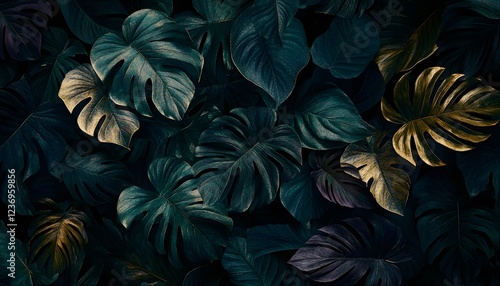 Lush Dark Green and Gold Tropical Leaves Background