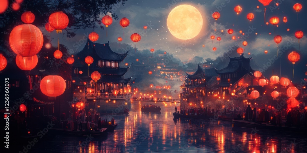 Naklejka premium Lanterns illuminate a riverfront village during a full moon celebration in a tranquil setting. Generative AI