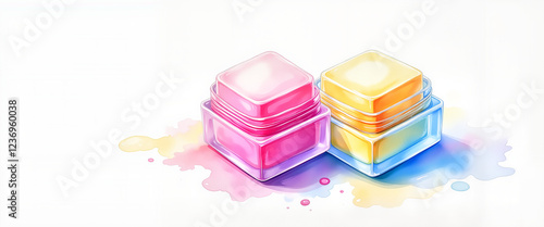 Vibrant pastel lip balm cubes on white background with copy space, beauty concept