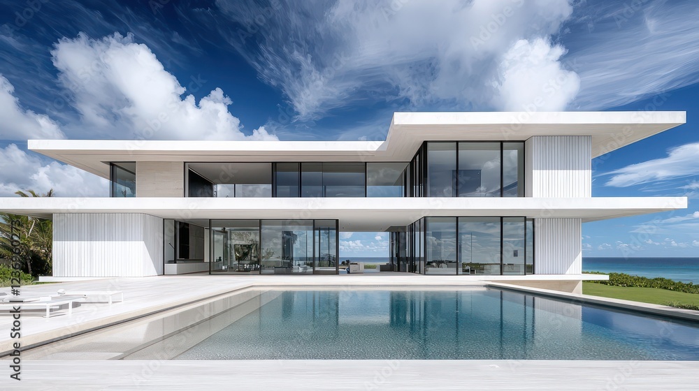 A modern villa with crystal-clear glass windows and pure white flat roofs, blending into the cloudless sky A modern villa with crystal-clear glass windows and pure white flat roofs, blending into the cloudless sky