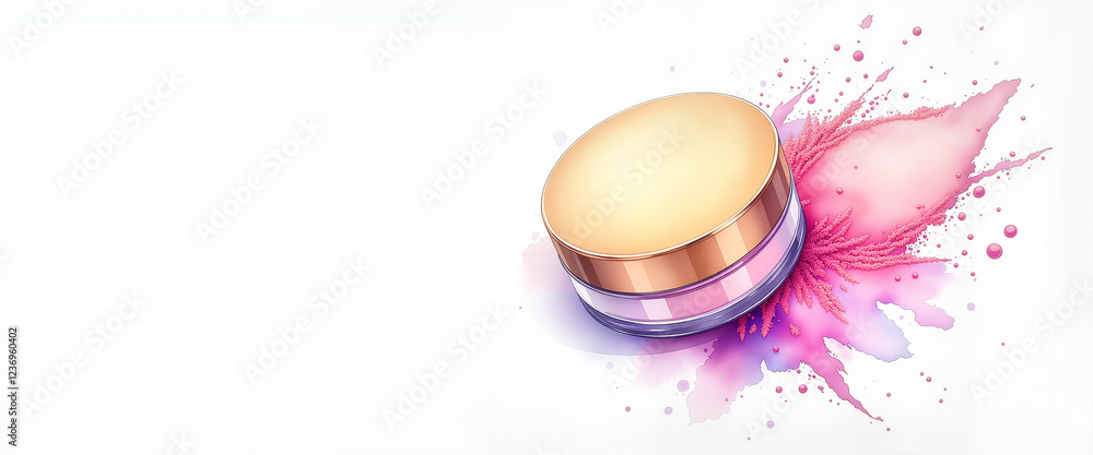 Colorful pastel makeup powder with golden lid with copy space, artistic illustration