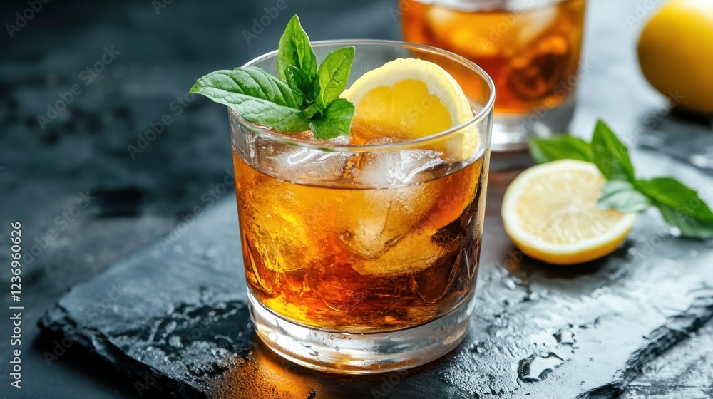 Refreshing iced tea cocktail with lemon and mint on slate table Refreshing iced tea cocktail with lemon and mint on slate table