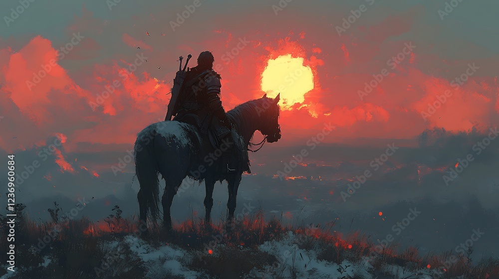 Fototapeta premium A lone warrior on horseback silhouetted against a fiery sunset, evokes a sense of journey and solitude