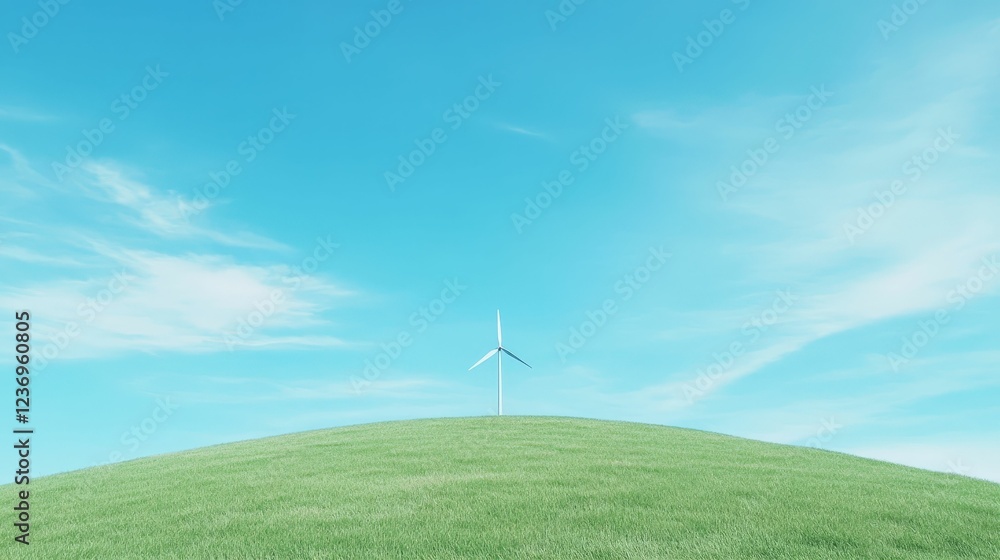 Obraz premium Windmill on a green hill under a blue sky, rural and renewable energy concept, minimalistic landscape,