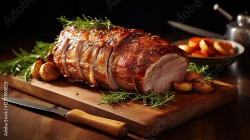 Wallpaper Mural Succulent roast pork loin with rosemary and baked potatoes on wooden board Torontodigital.ca