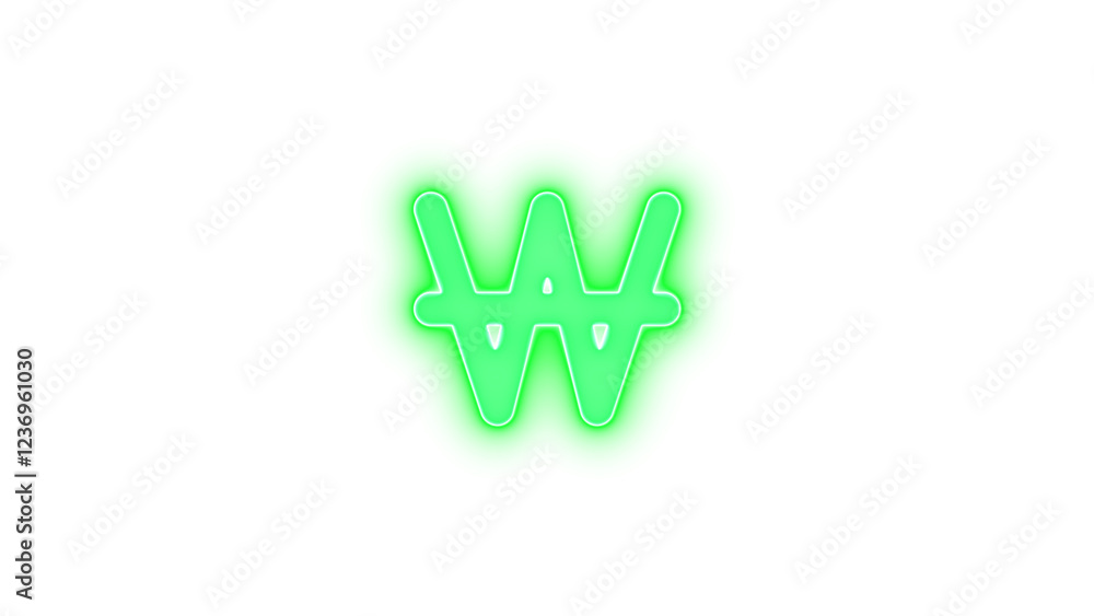 Won sign icon green color glowing neon on transparent background Won sign icon green color glowing neon on transparent background