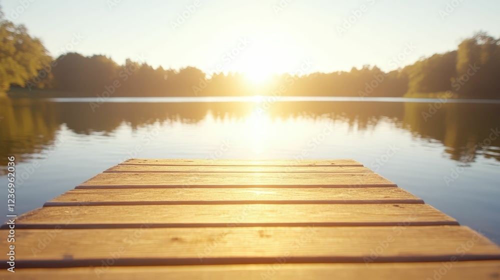 Fototapeta premium Tranquil summer sunrise over calm lake with wooden pier