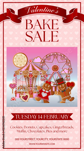 valentine bake sale flyer with gingerbread. valentine's day bake sale poster with gingerbread landscape	