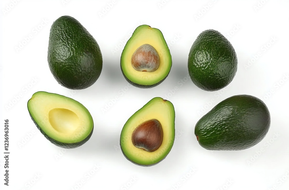 Sliced avocados, cut in half and placed on a white background Sliced avocados, cut in half and placed on a white background
