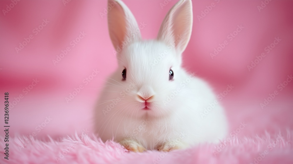 A fluffy white bunny sitting on a soft pink surface, exuding cuteness and innocence, perfect for springtime and Easter themes. A fluffy white bunny sitting on a soft pink surface, exuding cuteness and innocence, perfect for springtime and Easter themes.