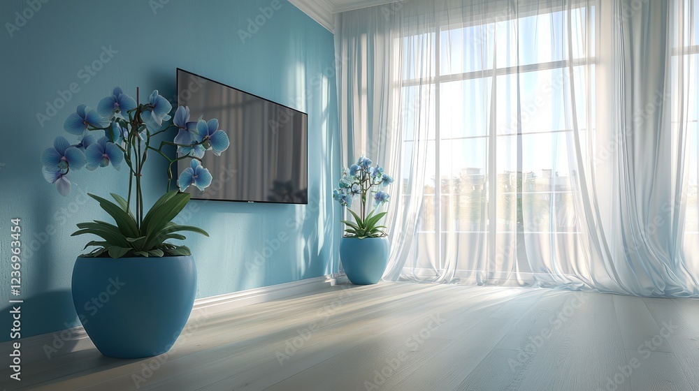 A serene and modern interior featuring seafoam blue walls and a whitewashed wooden floor A serene and modern interior featuring seafoam blue walls and a whitewashed wooden floor