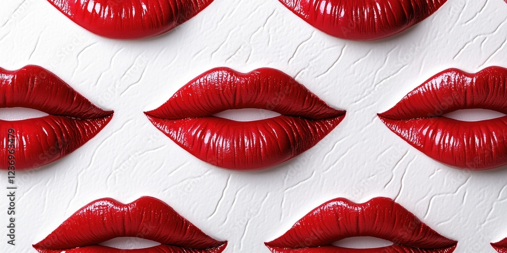 Obraz premium A striking pattern of glossy red lips on a textured white background, symbolizing beauty, passion, and romance. Perfect for beauty and fashion themes.