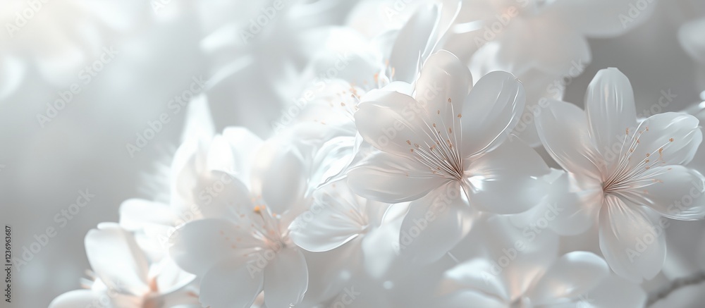 A close-up of soft white cherry blossoms, symbolizing purity and renewal, evoking feelings of tranquility and the beauty of spring. A close-up of soft white cherry blossoms, symbolizing purity and renewal, evoking feelings of tranquility and the beauty of spring.