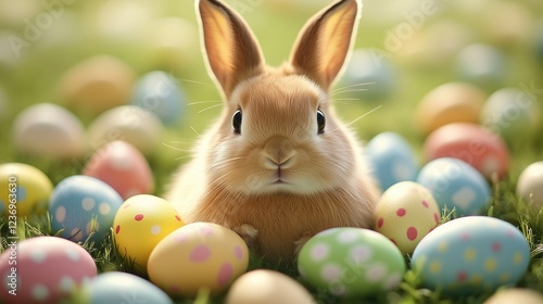 Wallpaper Mural A fluffy bunny surrounded by colorful Easter eggs, symbolizing spring, renewal, and festive joy. Perfect for celebrating Easter and family gatherings. Torontodigital.ca