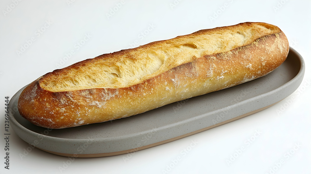 Crusty baguette on gray platter, studio shot, white background, food photography, recipe website Crusty baguette on gray platter, studio shot, white background, food photography, recipe website