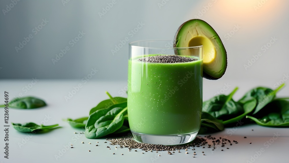Glass of green smoothie with chia seeds, avocado and spinach on grey background. Glass of green smoothie with chia seeds, avocado and spinach on grey background.