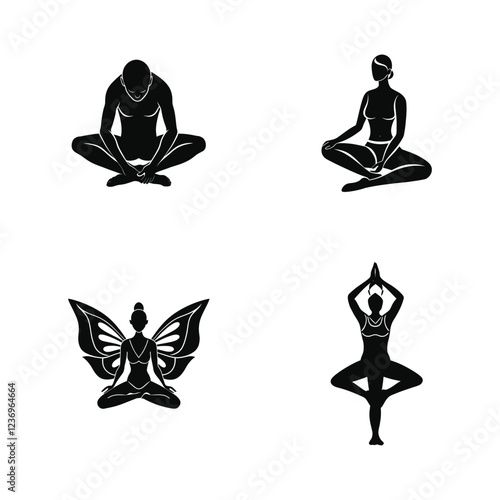 Yoga Poses Silhouette Set – Meditation, Flexibility, and Fitness with white background