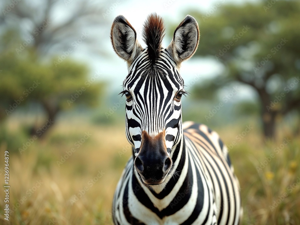 Fototapeta premium Close-up of a zebra with striking black and white stripes in a natural habitat with copy space