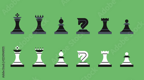 Two rows of chess pieces, with black pieces at the top and white pieces at the bottom displayed in a flat geometric style on a green background