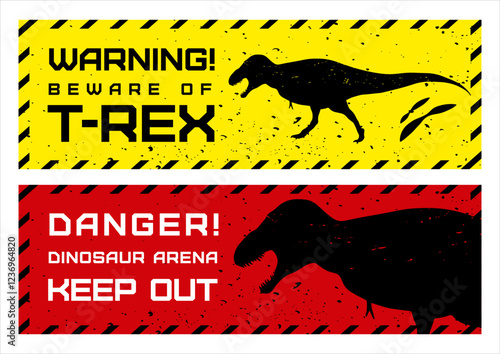 A vector illustration of warning signs about T.rex dinosaurs in a retro style. Yellow and red banners features the warning text 