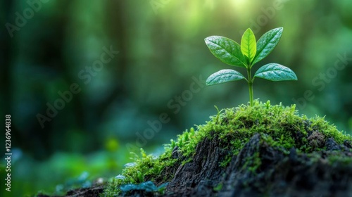 Young sprout emerging from mossy forest floor