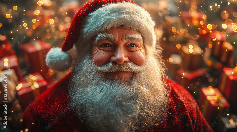 A cheerful Santa Claus with a white beard, red hat, and a warm smile, surrounded by sparkling Christmas lights and festive gifts A cheerful Santa Claus with a white beard, red hat, and a warm smile, surrounded by sparkling Christmas lights and festive gifts