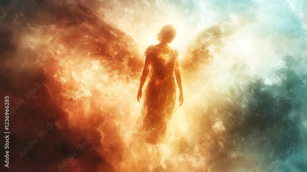 A glowing vision of the angel appearing through a beam of divine light.,Digital Watercolor painting A glowing vision of the angel appearing through a beam of divine light.,Digital Watercolor painting