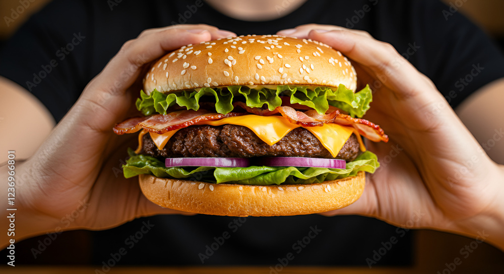 burger in hand, Young man eating a cheeseburger. burger in hand, Young man eating a cheeseburger.