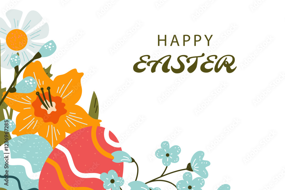 Happy Easter! Vector cute background with easter eggs and colorful spring flowers. Happy Easter! Vector cute background with easter eggs and colorful spring flowers.