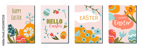 Set poster Happy Easter! Vector cute    backgrounds  with  easter eggs and colorful spring flowers. 