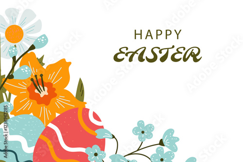 Happy Easter! Vector cute background with easter eggs and colorful spring flowers.