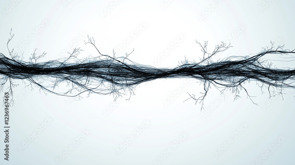Fototapeta premium Abstract Roots: Intricate network of dark, slender roots, resembling veins or nerves, flowing horizontally across a light gray background. The image evokes feelings of interconnectedness, growth.