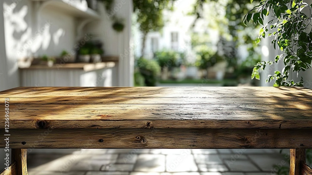 Rustic wooden table in a sunlit garden with lush greenery and soft shadows creating a serene atmosphere Rustic wooden table in a sunlit garden with lush greenery and soft shadows creating a serene atmosphere