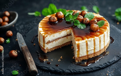 Indulgent hazelnut cheesecake decorated with mint leaves photo