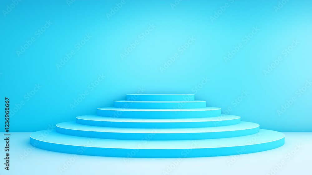 Fototapeta premium Blue Minimalist Podium: A simple yet elegant circular podium with 5 steps, a blue minimalist backdrop for product display. 