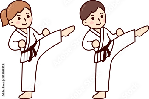 Cute cartoon kids in martial arts uniform (gi) doing high kick. Boy and girl karate students. Simple drawing, vector clip art illustration.
