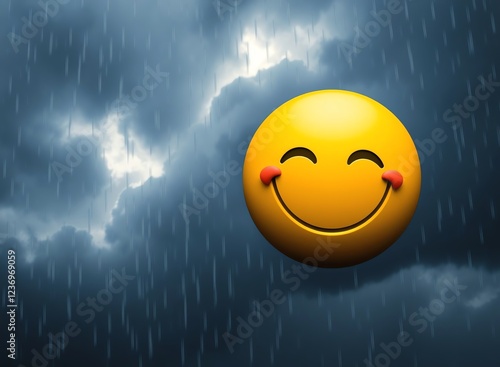 an image of a smiley face with red eyes in the rain, smiley face in the rain with a red nose and eyes photo