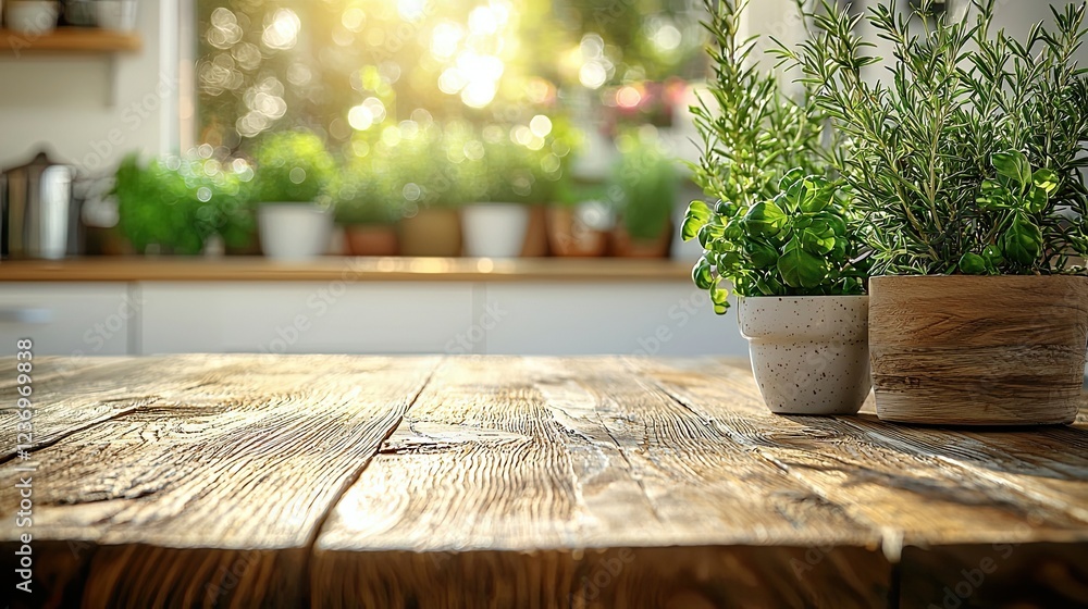 Beautiful kitchen setup with fresh herbs in pots placed on rustic wooden table during golden hour Beautiful kitchen setup with fresh herbs in pots placed on rustic wooden table during golden hour
