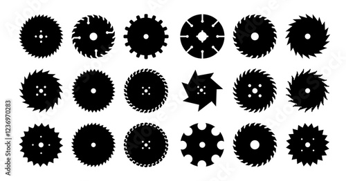 Circular saw blade. Silhouette of metal disc for woodwork. Round carpentry tool icons. Industrial rotary wheels.Vector