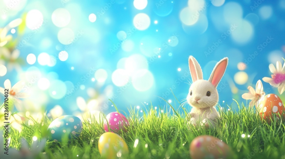 Fototapeta premium Easter background with grass, flowers, and colorful eggs on the right side, a little bunny sitting in the middle of the picture, blue sky with bokeh lights in the background.