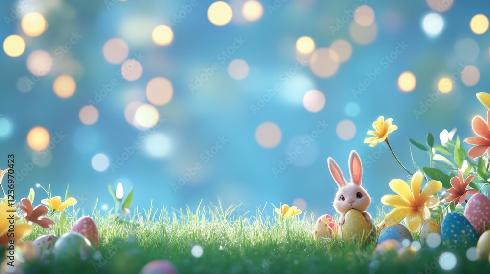Fototapeta premium Easter background with grass, flowers, and colorful eggs on the right side, a little bunny sitting in the middle of the picture, blue sky with bokeh lights in the background.