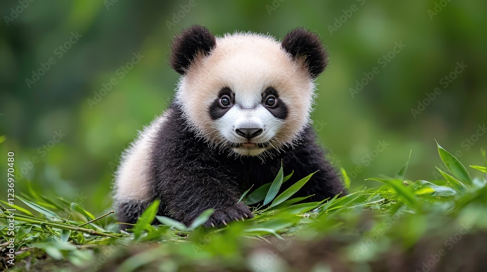 Cute panda cub in lush bamboo forest Cute panda cub in lush bamboo forest