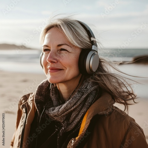 Woman enjoying music on beach in cozy jacket and scarf against ocean backdrop on a windy day photo