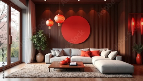 Interior of modern living room with red wall, Сhinese decorations