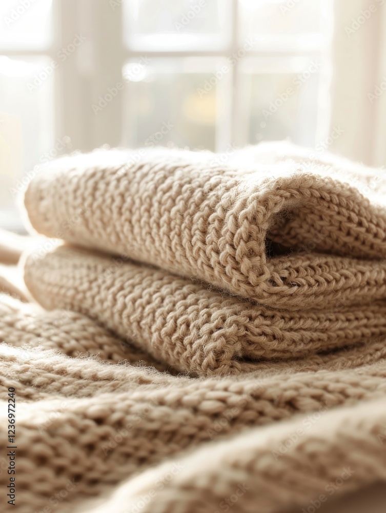 A small knitted baby blanket is neatly folded on a white surface, showcasing its soft textures in warm natural light A small knitted baby blanket is neatly folded on a white surface, showcasing its soft textures in warm natural light