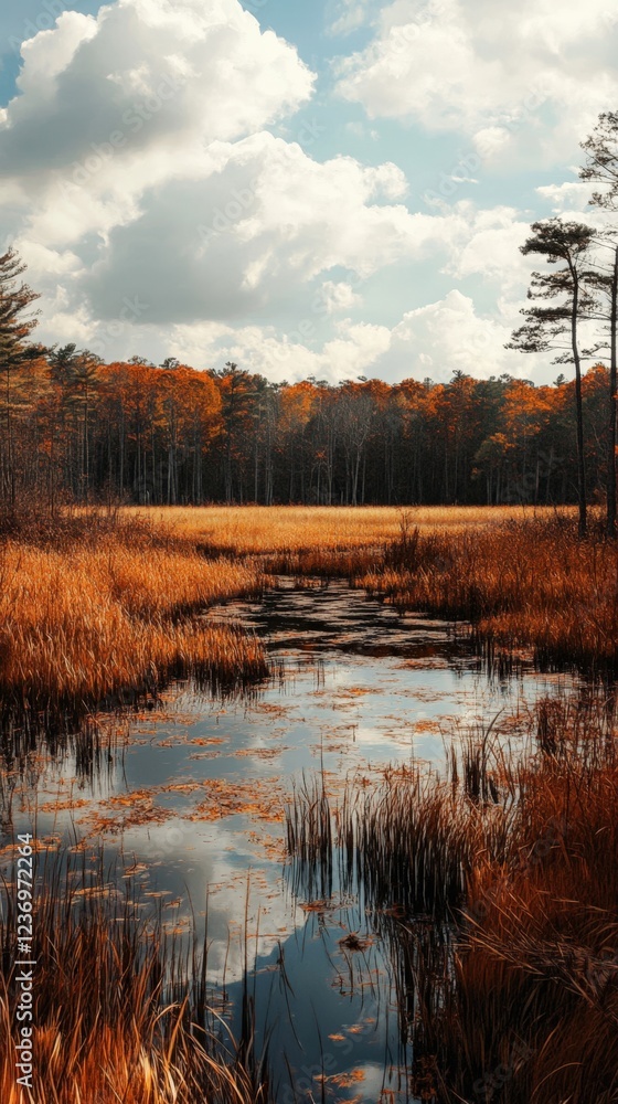 Fototapeta premium Autumnal marsh landscape; tranquil autumn scene, perfect for nature documentaries or travel brochures.