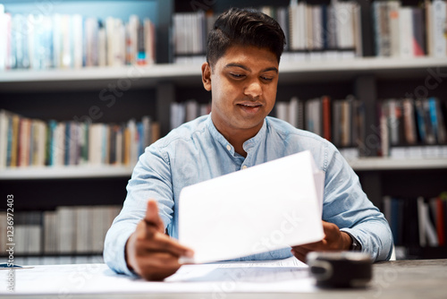 Man, architect and reading document in office for architecture design, floor plan and project report. Male person, blueprint and paperwork for real estate, property sketch and renovation for proposal