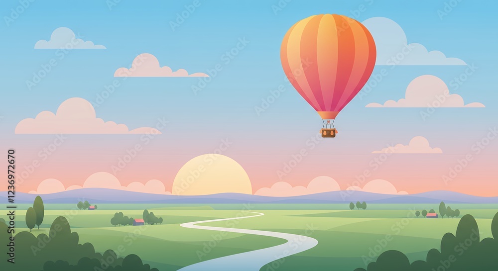 Fototapeta premium Hot Air Balloon Sunset Landscape Peaceful River Valley Scene